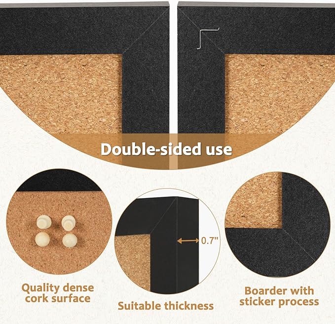 Double-Sided Cork Board for Wall, 16" x 12" Hanging Wood Framed Small Bulletin Board, Picture Display Vision Board Corkboards for Wall Room School Office Decor, 20 Pushpins (Black)