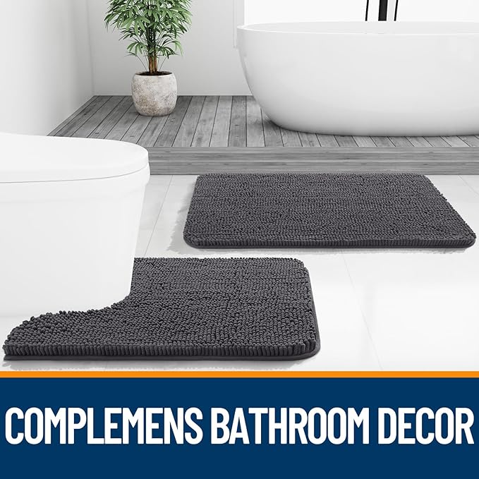 OLANLY Bathroom Rugs 47x20, Extra Soft Absorbent Chenille Bath Rugs, Rubber Backing Quick Dry, Machine Washable Bath Mats for Bathroom Floor, Tub and Shower, Home Decor Accessories, Dark Grey