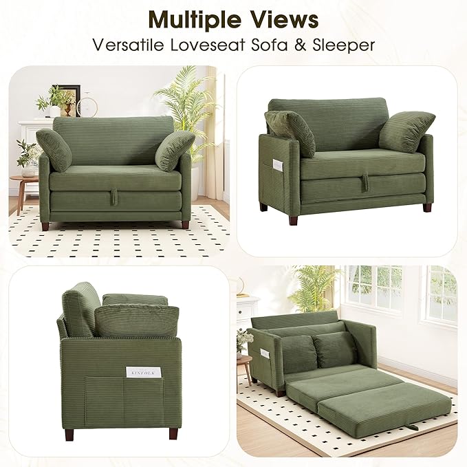 51" Convertible Loveseat Sofa Bed, 2-in-1 Folding Sofa Bed with 2 Pillow for Small Spaces, Modern Loveseat Sleeper Couch for Apartment, Living Room & Guest Room (Green Corduroy, 51 inch)