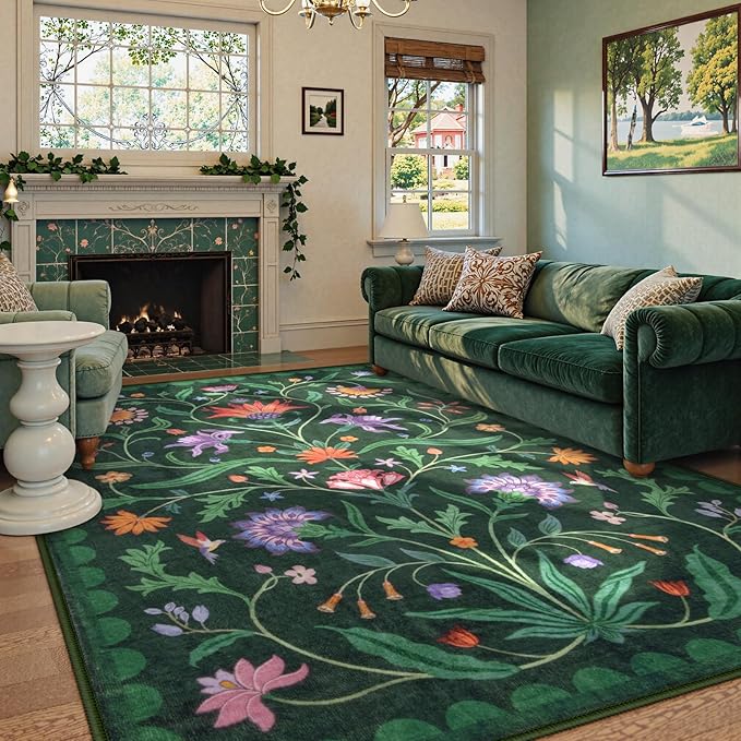 Lahome Boho Floral Washable Green 8x10 Area Rugs for Living Room, Vintage Non Slip Rugs for Bedroom, Ultra-Thin Indoor Throw Dining Room Carpet for Under Table Home Office(Forest Green,8x10)