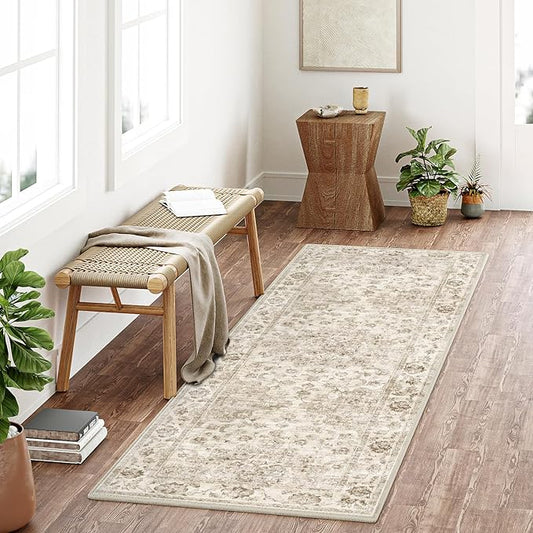 3x7 Washable Neutral Runner Rug Beige Vintage Hallway Kitchen Carpet Non-Slip Soft Low Pile Floral Throw Rug for Bedroom Bathroom Laundry Living Room