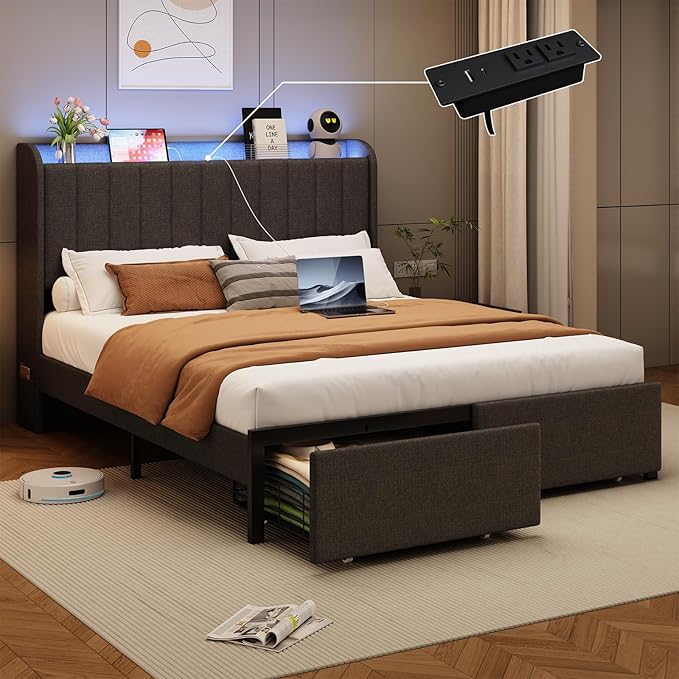 Queen Size Bed Frames with Storage Headboard and 2 Drawers, Upholstered Platform Bed Frame Queen with Led Lights and Handy Charging Station, No Box Spring Needed, Easy Assembly, Noise Free, Gray
