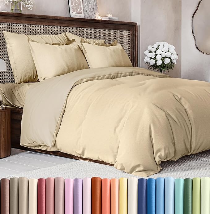 CGK Unlimited Duvet Cover Cal King Size Set - Extra Soft Cal King Size Duvet Cover 104 x 98 with 2 Pillow Shams - Hotel Quality w/Zipper Closures & Ties - Bedding and Bed Linens Set (Heathered Tan)