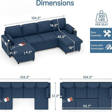 DURASPACE Sofa Bed Pull Out Couch Sleeper with Double Storage Chaise, U Shaped Convertible Sectional Sleeper Sofa for Living Room with USB Charging Ports, Cup Holder (Blue)
