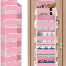 5-Tier Over The Door Organizer Hanging Storage Organizers with Clear Window 40lb Large Capacity Room Organizer for Pantry Bathroom Nursery Closet(Pink)