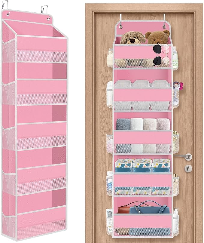 5-Tier Over The Door Organizer Hanging Storage Organizers with Clear Window 40lb Large Capacity Room Organizer for Pantry Bathroom Nursery Closet(Pink)