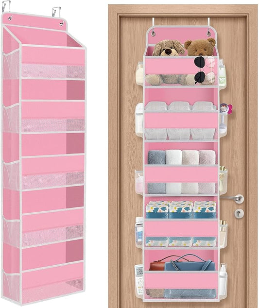 5-Tier Over The Door Organizer Hanging Storage Organizers with Clear Window 40lb Large Capacity Room Organizer for Pantry Bathroom Nursery Closet(Pink)