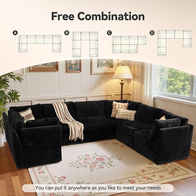 Large 7 Seat Modular Sectional Sofa with Ottoman Seat Corduroy Sleeper Sectional Sofa Bed Oversized Convertible Modular Couch for Living Room