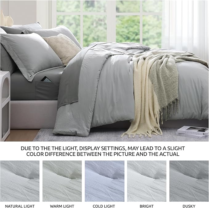 WRENSONGE Light Grey King Comforter Set, 7 Pieces Soft Microfiber King Size Comforter with Fitted Sheet, Flat Sheet, 2 Pillow Shams, and 2 Pillowcases- Warm King Bedding Set for All Season