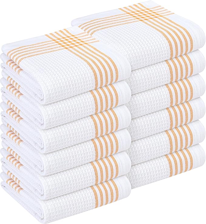 Mustard Yellow and White Waffle Kitchen Towels 12 Pack, 100% Cotton, 16x26 Inch, Super Absorbent, Quick Dry Dish Towels, Reusable & Soft Dishcloths for Kitchen Cleaning