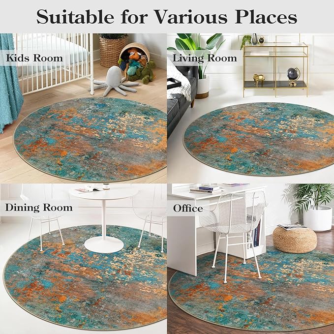 Lahome Modern Abstract Round Rug 5Ft - Colorful Washable 5x5 Circle Rugs for Living Room Bedroom Non Slip, Soft Indoor Floor Carpet for Dining Table Bathroom Nursery Dorm Decor