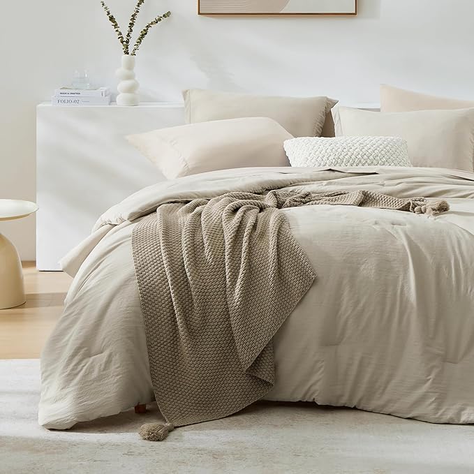 WRENSONGE Oversized Queen Comforter Set - 7 Pieces Light Oatmeal Bed in a Bag Queen with Sheets, 2 Pillow Shams, and 2 Pillowcases- Warm Bedding Sets Queen for All Season