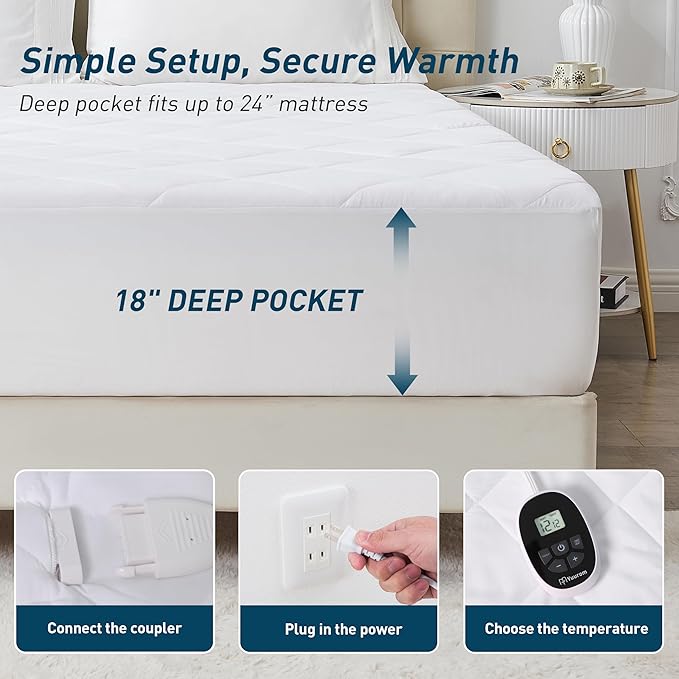 Heated Mattress Pad California King 72"×84", Bed Warmer with Memory&Preheat Functions, Electric Mattress Pad Dual Control 12 Heat Settings 12-Hour Auto Off Long Cord Fits 18-24" Deep Pocket