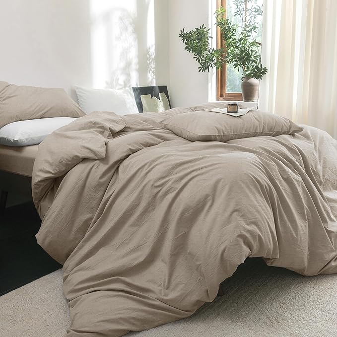 FOSSA Duvet Cover Set 100% Washed Cotton Linen Feel Super Soft Breathable Cozy 3 Pieces Bedding Sets Solid Tannish Linen Grey Full/Double
