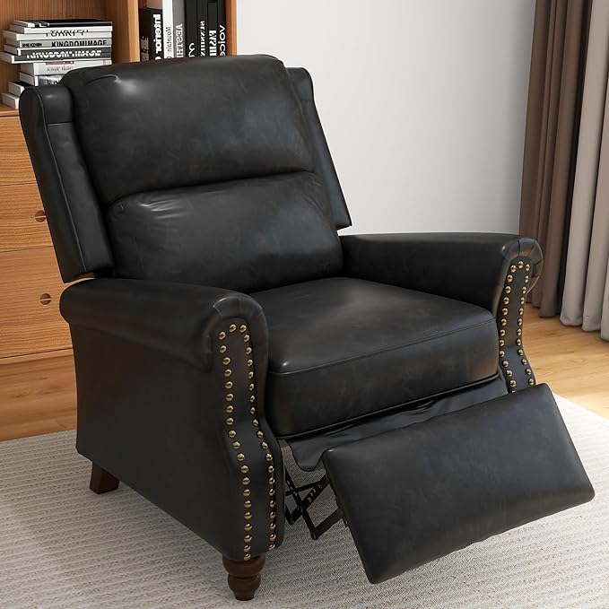 Faux Leather Recliner Chair, Modern Pushback Armchair with Adjustable Backrest & Footrest for Bedroom, Living Room, Black, Set of 1
