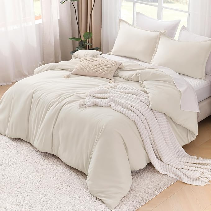 Litanika Comforter Set, Lightweight Solid Bedding Comforter Set, Fluffy Down Alternative Bed Set, Beige, Oversized Queen