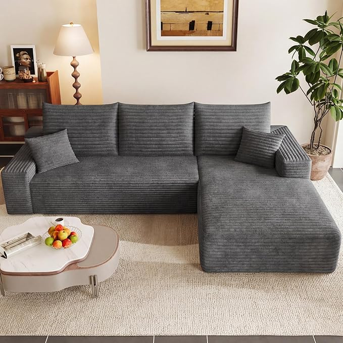 95" Modular Sectional Couch, Boneless L Shaped Cloud Sofa with Chaise Lounge, Corduroy Upholstered Couches Memory Foam Deep Seat, No Assembly Required, Ideal for Living Room(Dark Gray, Right Facing)