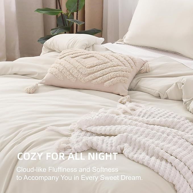 Litanika Comforter Set, Lightweight Solid Bedding Comforter Set, Fluffy Down Alternative Bed Set, Beige, Oversized Queen