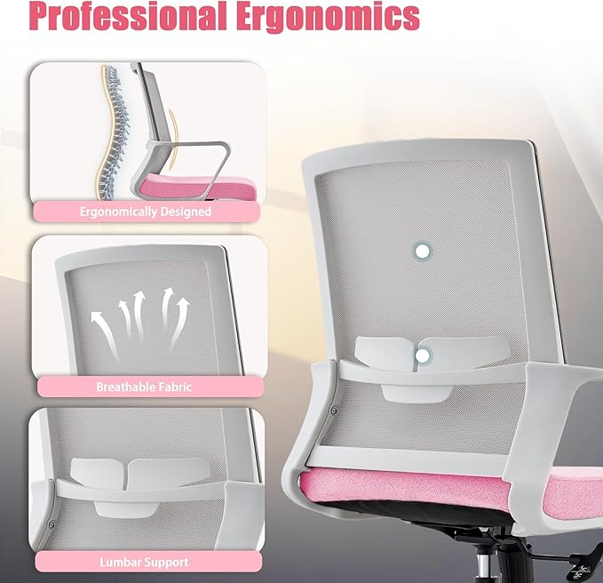 Office Chair ergonomically Designed with Breathable mesh backrest and Lumbar Support Adjustable Height Suitable for Offices Homes bedrooms Study Rooms (Pink)