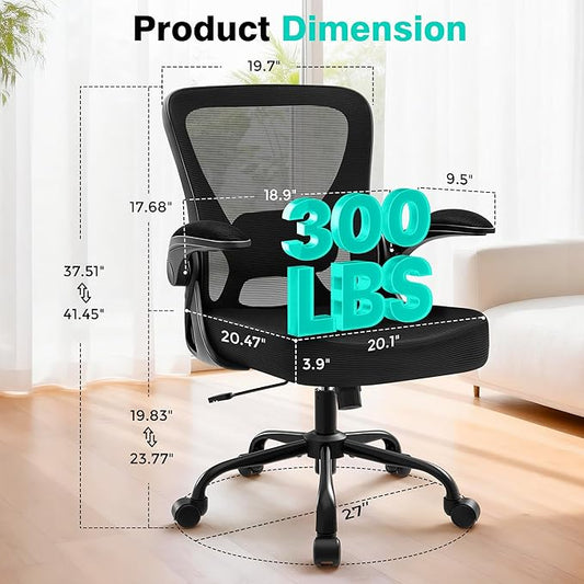 Office Chair - Ergonomic Breathable Mesh Desk Chair with Adjustable Lumbar Support and Flip-up Armrests - Executive High Back Rolling Swivel Comfortable Computer Gaming Chair for Home Office