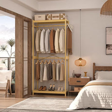 Homykic Bamboo Clothes Rack with Shelves and Double Hang Rods, Portable Closet System Garment Rack for Hanging Clothes, Tall Clothing Rack Corner Closet Organizer, Easy to Built, Natural