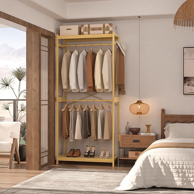 Homykic Bamboo Clothes Rack with Shelves and Double Hang Rods, Portable Closet System Garment Rack for Hanging Clothes, Tall Clothing Rack Corner Closet Organizer, Easy to Built, Natural