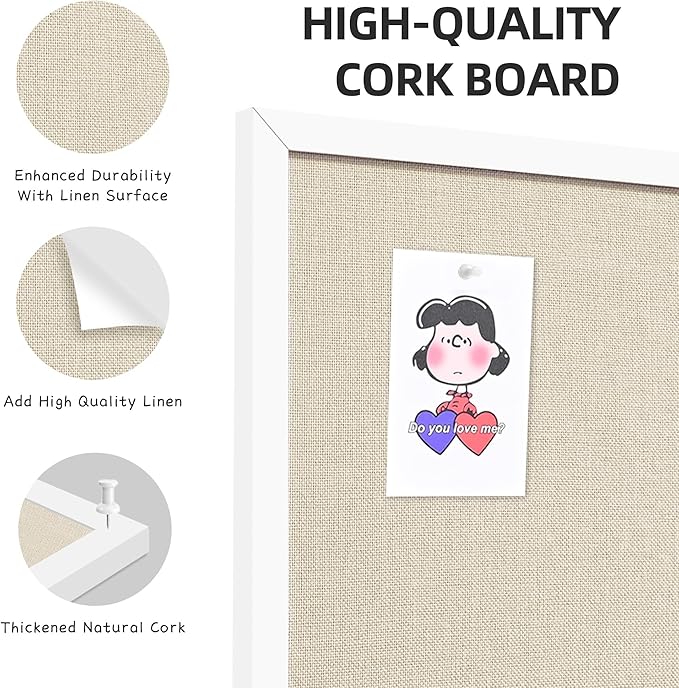 13.3x17.7 InchCork Board for Wall Hanging with Linen, Bulletin Board with Push Pins, Mounted Memo Message Board for Home Office Decor, Dorm Room Essentials, Classroom Organization
