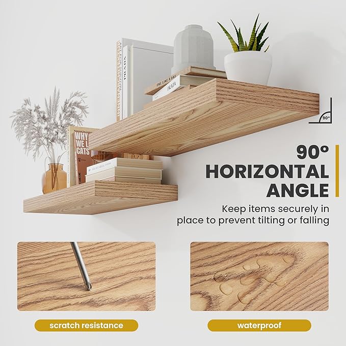 36 Inch Floating Shelves, 9.3" Deep Floating Shelf Wall Mounted, 36" Wall Shelves, Rustic Deep Bookshelf, Large Display Shelves & Storage Shelves for Bedroom, Living Room, Light Brown, Set of 2