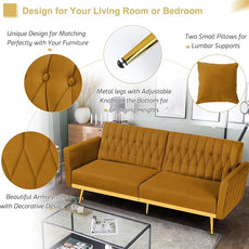 70” Velvet Futon Sofa Bed with 2 Pillows and Adjustable Armrests, Convertible Sleeper Bed W/Adjustable Backrests, Modern Loveseat for Living Room, Bedroom, Ginger