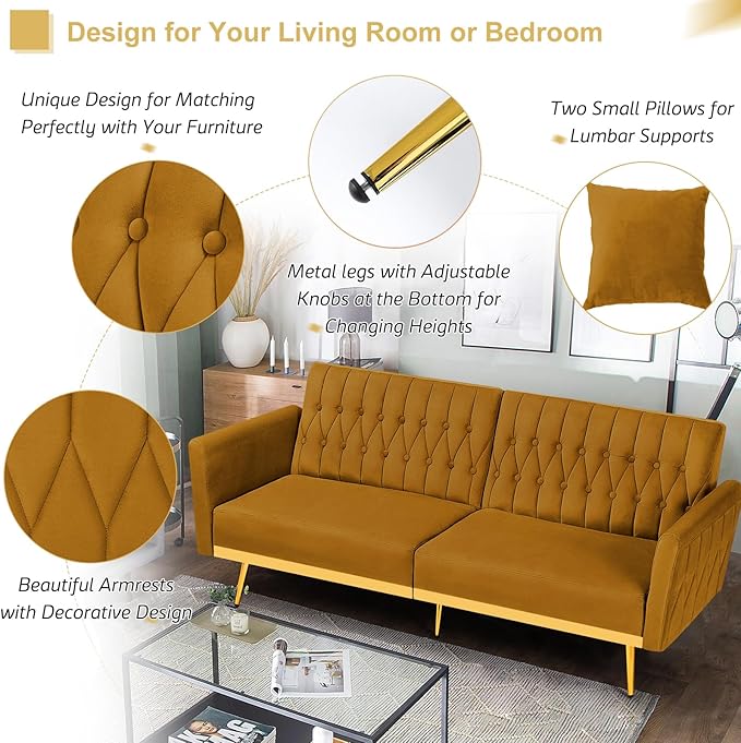 70” Velvet Futon Sofa Bed with 2 Pillows and Adjustable Armrests, Convertible Sleeper Bed W/Adjustable Backrests, Modern Loveseat for Living Room, Bedroom, Ginger