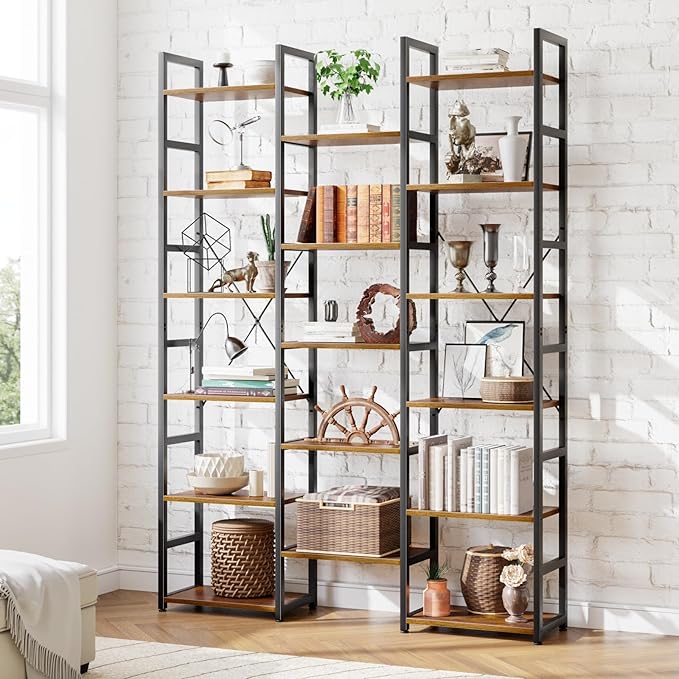 NUMENN 6-Tier Bookshelf Triple Column Bookcase with 17 Adjustable Open Display Shelves, Modern Book Shelves，Rustic Industrial Style Bookshelves for Bedroom, Living Room and Home Office, Vintage