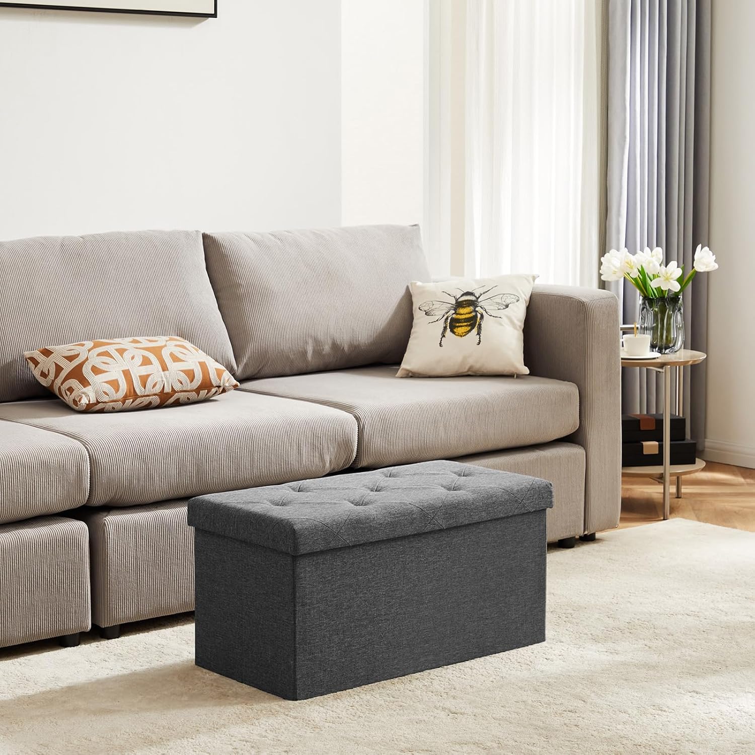 DUMOS 30in Foldable Storage Ottoman Bench, Storage Chest, End of Bed Foot Rest Stool with Padded Seat, Bedroom Bench for Living Room, Bedroom, Support 660lbs, Grey Dormly