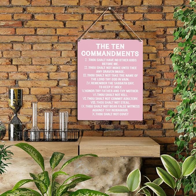 YCYD Ten Commandments Decor,10 Commandments Desk Poster, Christian Bible Verse Decor Religious Home Rustic Wooden Box Sign for Living Room Bedroom Office 10 x 8 Inches pink
