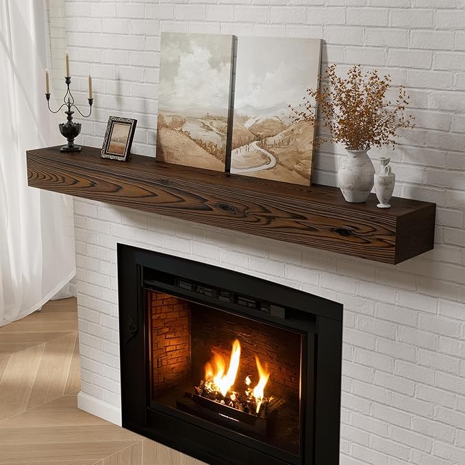Fireplace Mantel 60inch, Solid Wood Mantel Shelf Handcrafted Rustic, Handcrafted Wood Fireplace Mantels Floating Mantle Shelves Decor for Wall, Bedroom, TV, Books, Livingroom 60 X 8 X 5 - Dark Brown