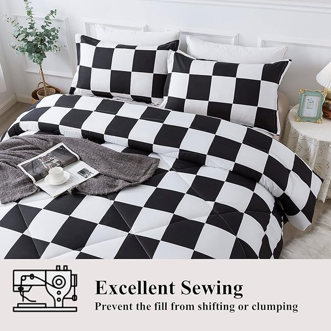 Andency Checkered Comforter Twin(66x90Inch), Black White Plaid Gingham Bed Set for Teen Boys Kids, Lightweight Microfiber Geometric Preppy Bedding, 2 Pieces