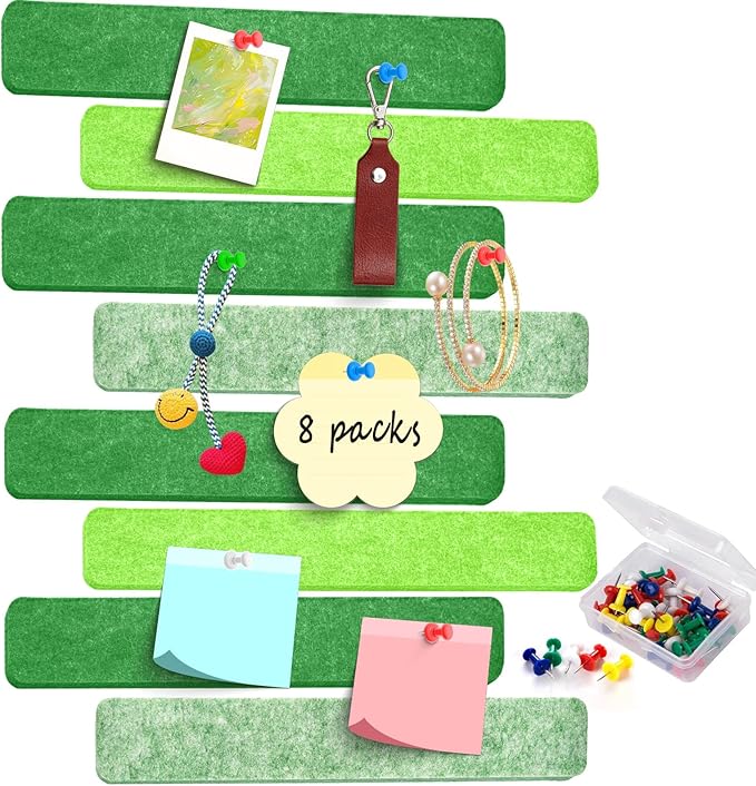 8Pcs Felt Bulletin Board Strips, Cork Board Strips for Walls Self Adhesive with 50 Pushpins, Colorful Cork Strips for Office Classroom Decor, Small Bulletin Board to Paste Photos, Notes (Green)