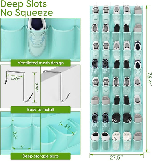 Unjumbly Over the Door Shoe Organizer with 40 Large Breathable Mesh Pockets, Space Saving Shoe Holder, Hanging Shoe Rack for Entryway Bedroom Closet Storage (Mint Blue, 40 Pockets)