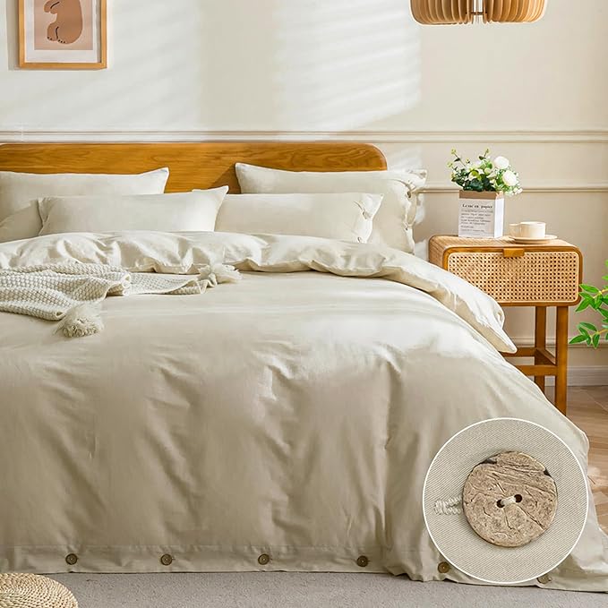 JELLYMONI Cotton Duvet Cover Cal King Size - Light Khaki Comforter Cover with Button 100% Washed Cotton 3PCS Breathable Soft Solid Bedding Set Duvet Cover 104×98in & 2 Pillowcases (NO Comforter)
