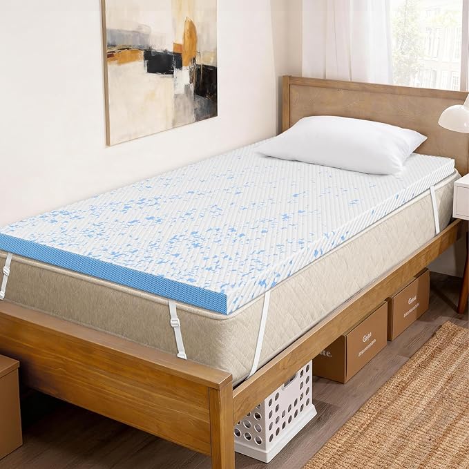 OhGeni Plush Feel Twin XL Cooling Gel Memory Foam Mattress Topper Pad, Washable Bed Cover with Anti-Slip Base,Zipper & Straps,Extra Comfort & Back Pain Relief,College Dorm Room Essential