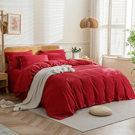 JELLYMONI Cotton Duvet Cover King Size - Crimson Red Comforter Cover with Button 100% Washed Cotton 3PCS Breathable Soft Solid Bedding Set Duvet Cover 104×90in & 2 Pillowcases (NO Comforter)