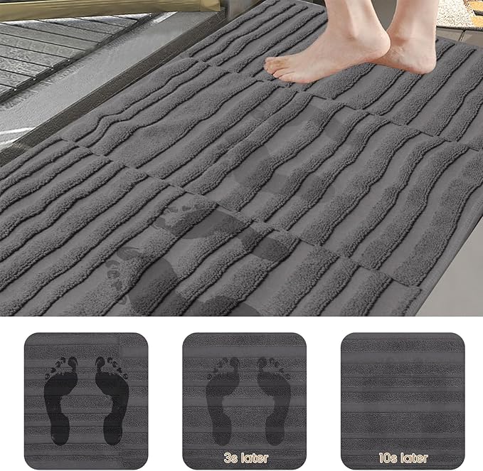 SEMAXE Bath Mat for Bathroom 2-Pack, 100% Cotton Non-Slip Mats [Not a Bathroom Rug], Super Absorbent and Soft Floor Towels, Machine Washable Shower Foot Towels, Charcoal Gray