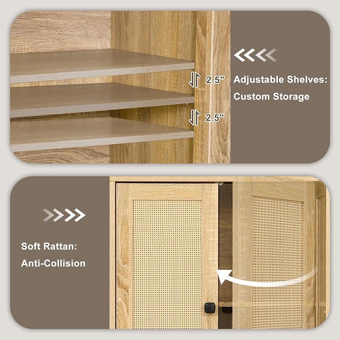 Rattan 4-Door Buffet Sideboard Storage Cabinet - Boho Kitchen Dining Console with Adjustable Shelves, Natural Rattan 48.4" W x 15" D x 33.4" H