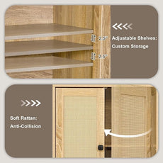 Rattan 4-Door Buffet Sideboard Storage Cabinet - Boho Kitchen Dining Console with Adjustable Shelves, Natural Rattan 48.4