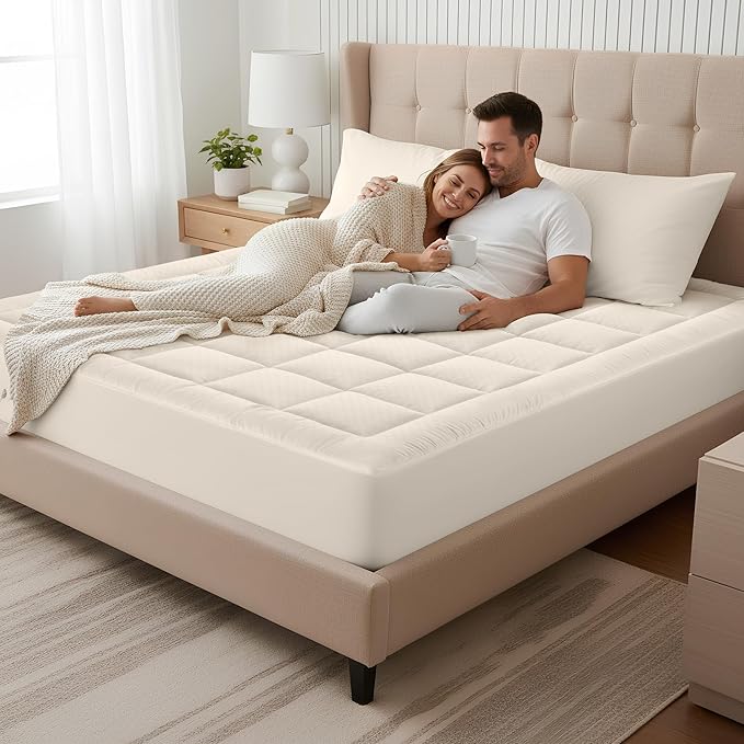 OLANLY Twin XL Quilted Fitted Mattress Pad – Soft Pillow Top Mattress Topper, Down Alternative Fill, Cooling Comfort Breathable Mattress Cover, Machine Washable Deep Pocket Mattress Protector, Ivory