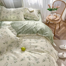 MKXI Queen Size Beige & Green Floral Comforter Set - 3 Piece Ruffled Lace Bedding Set with Reversible Design, Soft Aesthetic Cottagecore Style Green Leaf Comforter for Girls, Women, and Teens