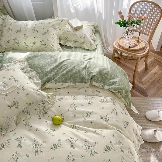 MKXI Queen Size Beige & Green Floral Comforter Set - 3 Piece Ruffled Lace Bedding Set with Reversible Design, Soft Aesthetic Cottagecore Style Green Leaf Comforter for Girls, Women, and Teens