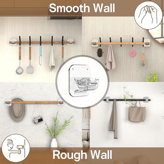 No Drill Curtain Rod Brackets No Drilling Holder 20lb - Renter Friendly Self Adhesive Hooks for Apartment Dorm Classroom Essentials Decor Hanging Drapes Rv Over Blinds Kitchen Bedroom Home