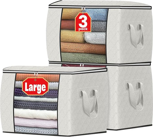 Fab totes 24 Gallons Clothes Storage, Foldable Thick Fabric Blanket Storage Bags, Containers for Organizing Bedroom, Closet, Clothing, Comforter, Organization with Handle (3 Pack,Ivory)