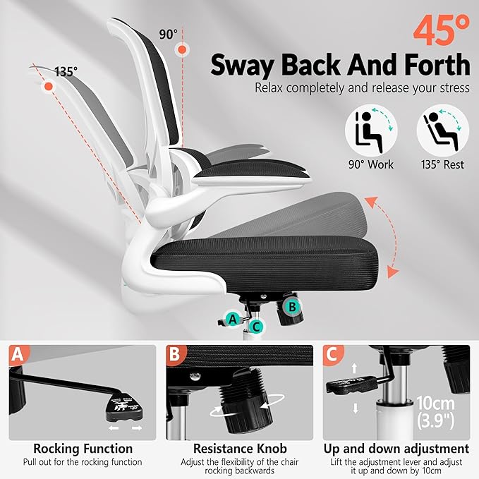 Office Chair Ergonomic Desk Chair, Breathable Mesh Comfy Chair with Lumbar Support, Computer Chair, Home Desk Chair with Flip-up Armrests, Gaming Chair for Adults Home Office (White)