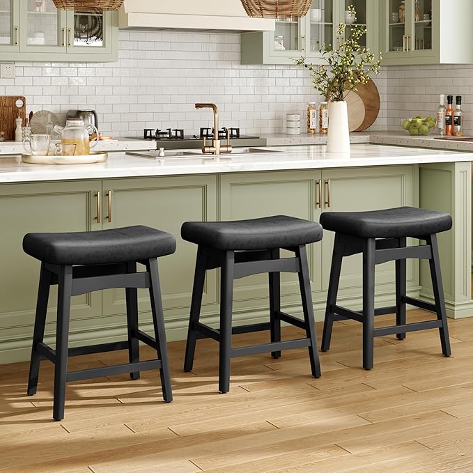 MAISON ARTS Black Counter Height Bar Stools Set of 3 for Kitchen Counter Solid Wood Legs with Faux Leather Saddle Seat Farmhouse Barstools for 34"-38" Counter Island Upholstered Stools, 24in Height